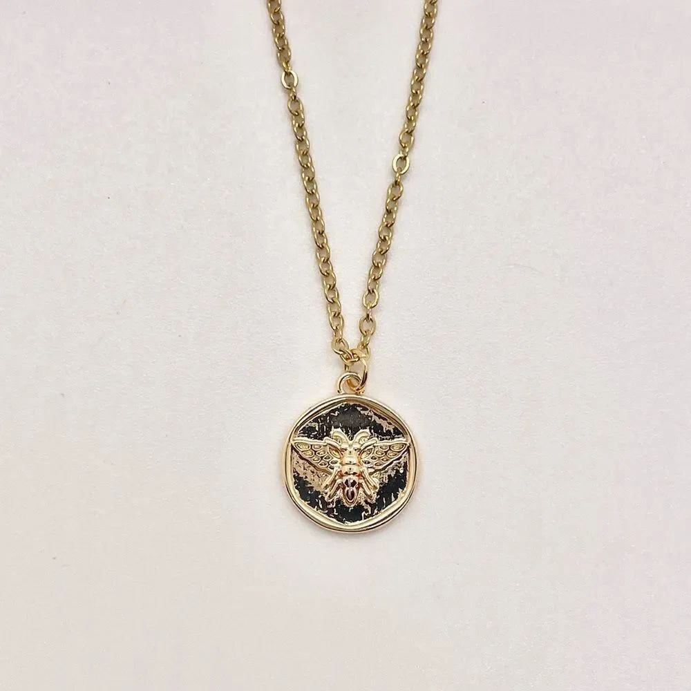 24k Gold tone Dainty Stainless Steel Queen Bee Coin Medallion Pendant Necklace